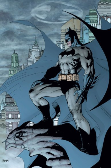 Batman overlooking Gotham City as drawn by Jim Lee